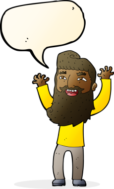 Çizgi film mutlu sakallı adam bir insan tarafından çizilmiş konuşma balonuyla kollarını sallıyor.