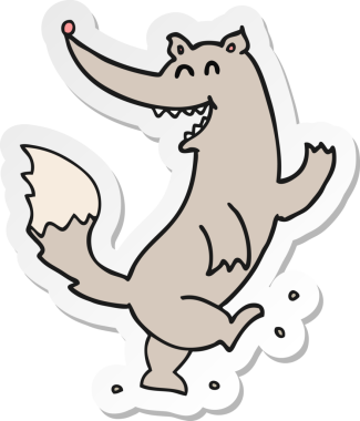 Bir insan tarafından çizilmiş mutlu kurt dansı çizgi filminin çıkartması.