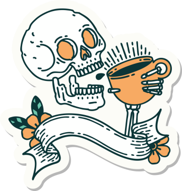 Bir insan tarafından çizilmiş kahve içen kafatası dövmeli çıkartma