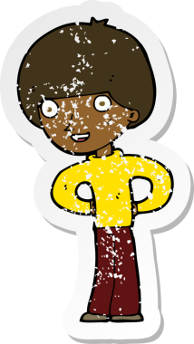 Bir insan tarafından çizilmiş kalçasında elleri olan mutlu bir çizgi film karakterinin gerilimli çıkartması.