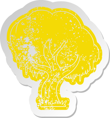 Bir insan tarafından çizilmiş yeşil bir ağacın hüzünlü eski çizgi film çıkartması.