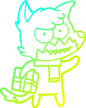 Bir insan tarafından çizilmiş Noel hediyesi ile sırıtan bir tilkinin soğuk gradyan çizimi