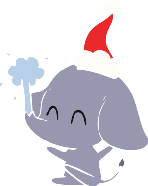 Bir insanın çizdiği Noel Baba şapkasıyla su püskürten bir filin düz renk çizimi.