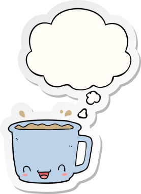 Düşünce baloncuklu bir kahve fincanı insan tarafından çizilmiş bir çıkartma.