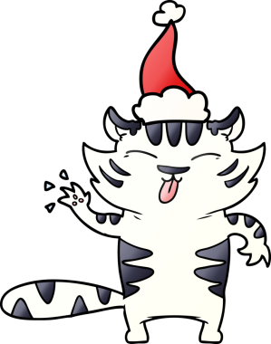 Bir insan tarafından çizilmiş Noel Baba şapkası giymiş beyaz bir kaplanın el çizimi karikatürü.