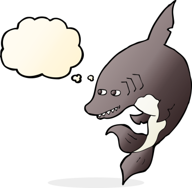 Bir insan tarafından çizilmiş düşünce baloncuklu komik köpek balığı.