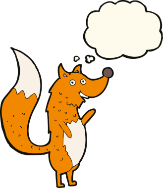 Bir insan tarafından çizilmiş düşünce balonlu tilki sallayan çizgi film.