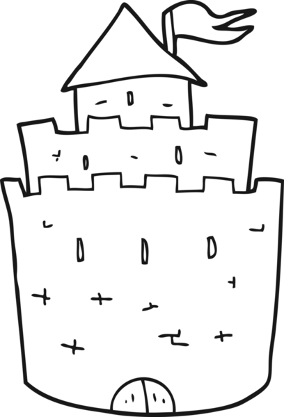 Bir insan tarafından çizilmiş siyah beyaz karikatür kalesi.