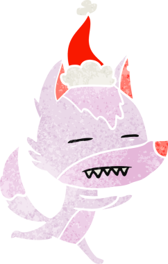 Bir insanın çizdiği Noel Baba şapkasını takan bir kurdun el çizimi karikatürü.