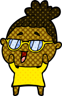 Bir insan tarafından çizilmiş gözlüklü mutlu kadın çizgi filmi.