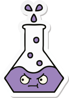 Bir insan tarafından çizilmiş sevimli bir karikatür bilim şişesinin etiketi.