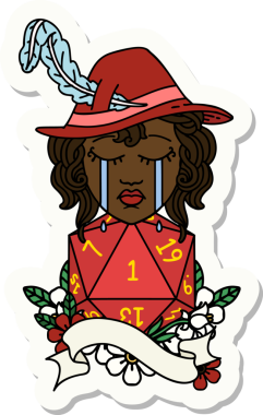 Ağlayan bir insan ozanın çıkartması. Bir insan tarafından çizilmiş doğal 1 D20 rulosu.