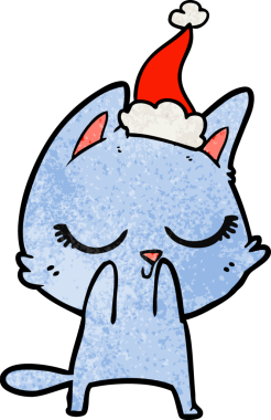 Sakin bir el çizimi, bir insan tarafından çizilmiş Noel Baba şapkası takan bir kedinin çizimi.