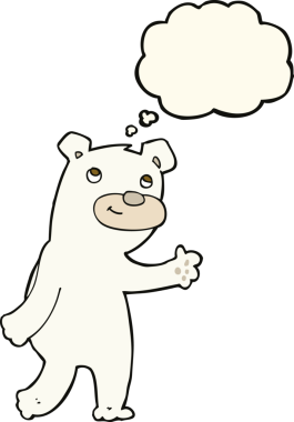 Bir insan tarafından çizilmiş düşünce baloncuklu şirin kutup ayısı.