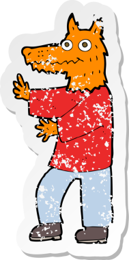 Bir insan tarafından çizilmiş komik tilki adamın gerilmiş çıkartması.