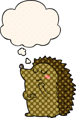 Çizgi roman tarzında bir insan tarafından çizilmiş düşünce baloncuğu olan şirin bir kirpi.