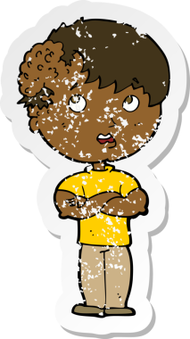 İnsan tarafından çizilmiş kafasında büyüyen bir çizgi film karakterinin gerilimli retro yapıştırması.