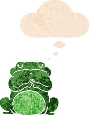 Düşünce baloncuğu ile çizgi film kibirli kurbağa grunge sıkıntılı retro tarzı bir insan tarafından çizilmiş