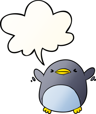 Bir insan tarafından çizilmiş yumuşak eğimli konuşma baloncuğu ile kanat çırpan sevimli penguen çizgi filmi.