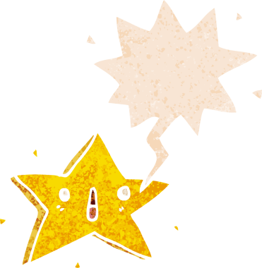 Bir insan tarafından çizilmiş grunge sıkıntılı retro biçimli konuşma balonu ile sevimli çizgi film yıldızı