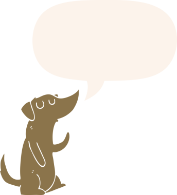 Konuşma baloncuğu olan bir insan tarafından çizilmiş bir çizgi film köpeği.