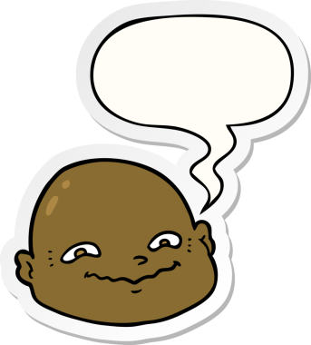 Bir insan tarafından çizilmiş konuşma balonu çıkartmalı kel bir adam.