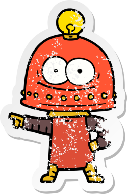 Bir insan tarafından çizilmiş ampullü mutlu bir robot çıkartması.