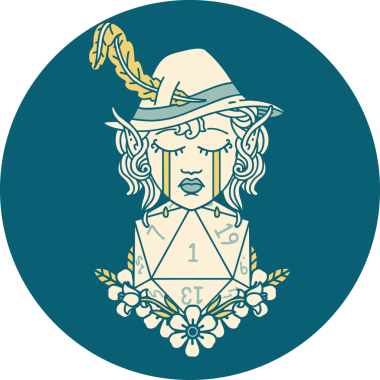 Retro Dövme Tarzı Ağlayan Elf Ozan Karakteri Bir insan tarafından çizilmiş doğal D20 rulo