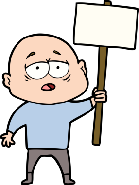 Bir insan tarafından çizilmiş yorgun, kel bir adam.