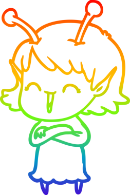 Gökkuşağı gradyan çizgi çizimi bir insan tarafından çizilmiş uzaylı bir kızın gülüşü.