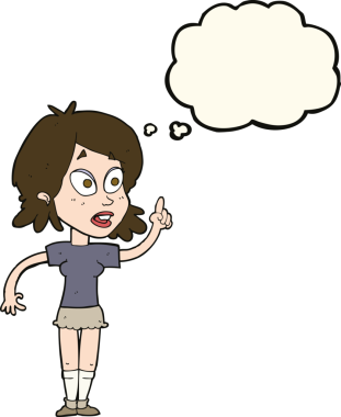 Çizgi filmdeki kadın bir insan tarafından çizilmiş düşünce balonuyla soru soruyor.