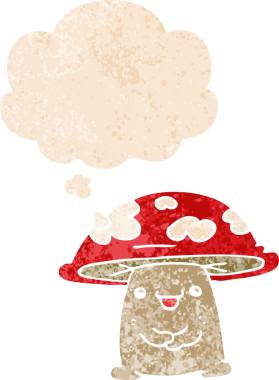 grunge 'da düşünce baloncuğu olan karikatür mantarı karakteri bir insan tarafından çizilmiş tedirgin geçmiş dokuma tarzı