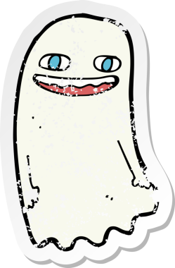 Bir insan tarafından çizilmiş komik bir karikatür hayaletinin gerilmiş çıkartması.