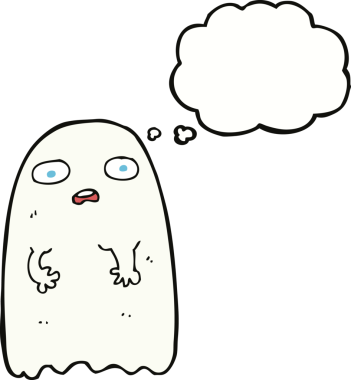 Bir insan tarafından çizilmiş düşünce baloncuklu komik çizgi film hayaleti.