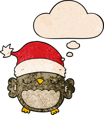 Bir insan tarafından çizilmiş grunge desenli düşünce baloncuğu olan şirin noel baykuşu.