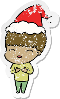 Mutlu el, bir insan tarafından çizilmiş Noel Baba şapkası takan bir çocuğun kederli çıkartması.