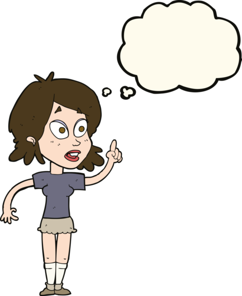 Çizgi filmdeki kadın bir insan tarafından çizilmiş düşünce balonuyla soru soruyor.