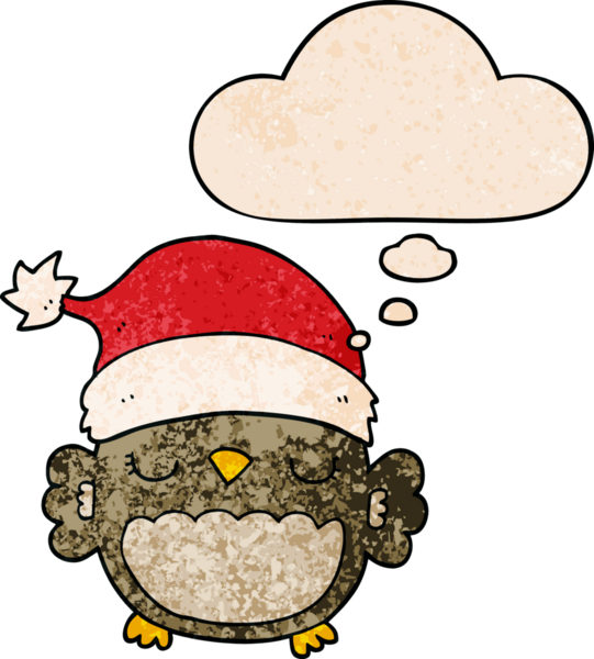 Bir insan tarafından çizilmiş grunge desenli düşünce baloncuğu olan şirin noel baykuşu.