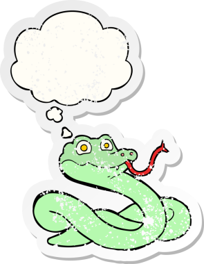 Düşünce baloncuğu olan çizgi film yılanı, insan tarafından çizilmiş, yıpranmış bir çıkartma gibi.