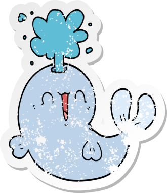 Bir insan tarafından çizilmiş su fışkırtan karikatür balinasının sıkıntılı etiketi.