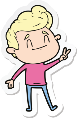 Bir insan tarafından çizilmiş barış işareti veren mutlu bir çizgi film karakterinin çıkartması.