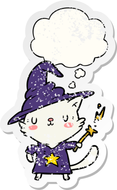 Düşünce baloncuğu olan çizgi film kedisi sihirbazı bir insan tarafından çizilmiş yıpranmış bir çıkartma gibi