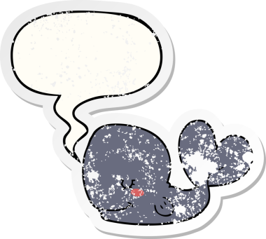 Konuşma baloncuğu olan karikatür balinası bir insan tarafından çizilmiş sıkıntılı eski bir çıkartma