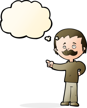 Çizgi filmdeki bıyıklı adam bir insan tarafından çizilmiş düşünce balonuyla işaret ediyor.