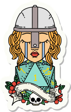 Ağlayan bir insan dövüşçüsünün çıkartması. Bir insan tarafından çizilmiş doğal bir D20 zarlı.