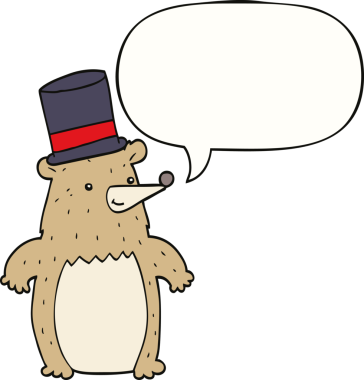 Bir insan tarafından çizilmiş konuşma balonu olan silindir şapkalı çizgi film ayısı.