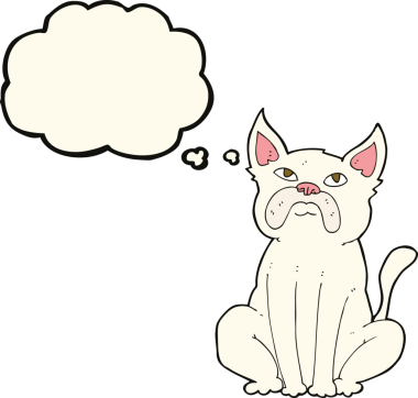 Bir insan tarafından çizilmiş düşünce baloncuğu olan huysuz küçük bir köpek.