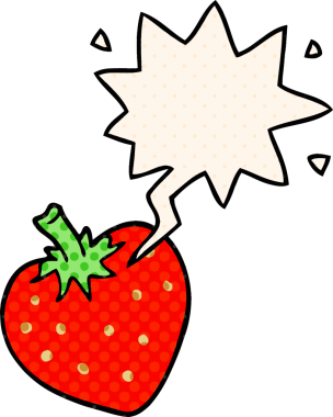 Bir insan tarafından çizilmiş çizgi roman tarzında konuşma balonu olan çilekli bir çizgi film.