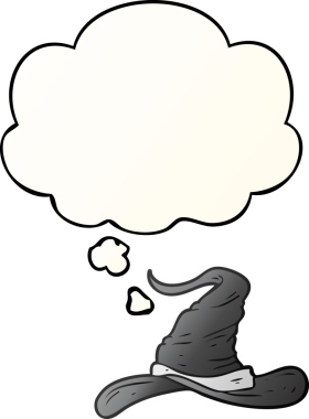 Düşünce baloncuğu olan çizgi film sihirbazları şapkası bir insan tarafından çizildi.