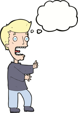 Bir insan tarafından çizilmiş düşünce baloncuğuyla dehşete düşmüş bir adam.